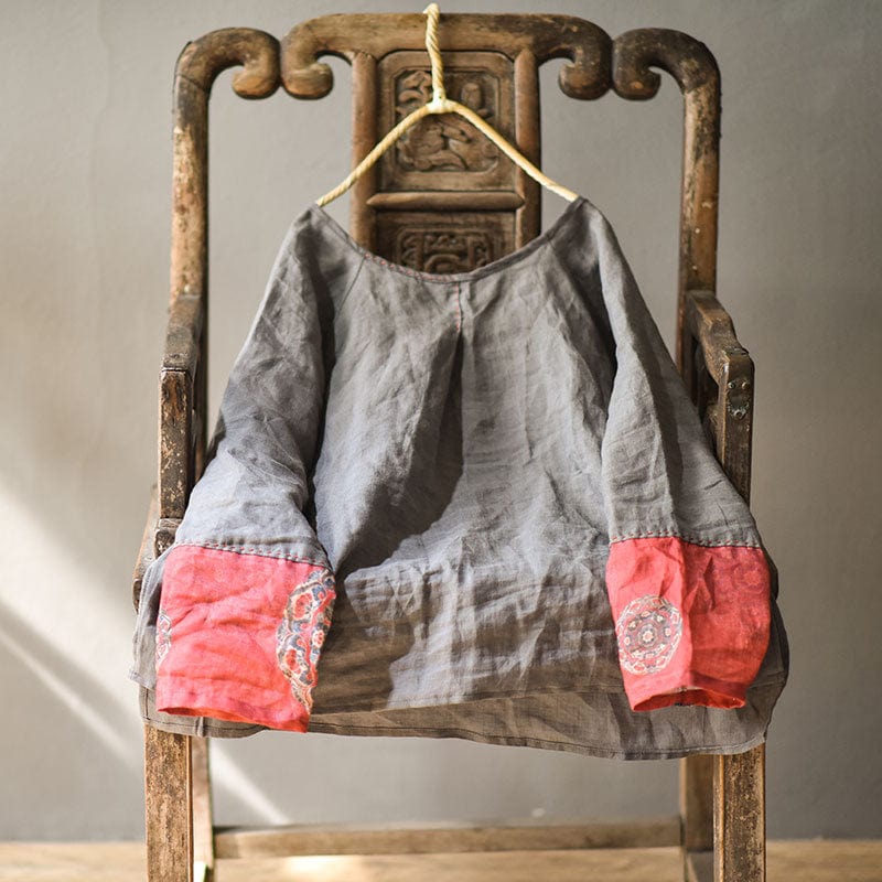 Buddhatrends Gray- Red Sleeve / S Loose Retro Patchwork Ramie Blouse