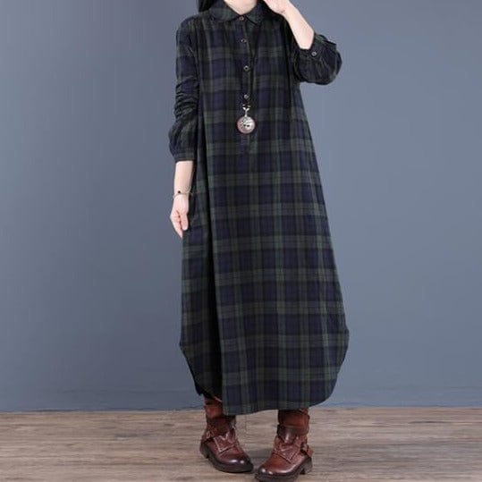 Buddhatrends Green / M Vintage Loose Cotton Plaid Dress