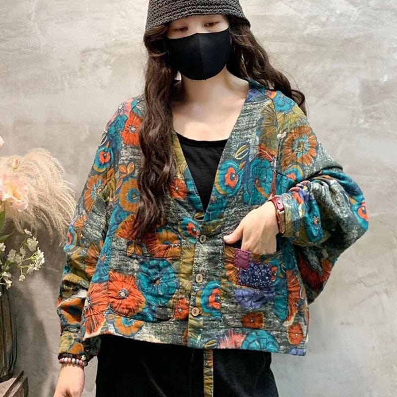 Buddhatrends Green / One Size Sweet Floral Print Loose Coat