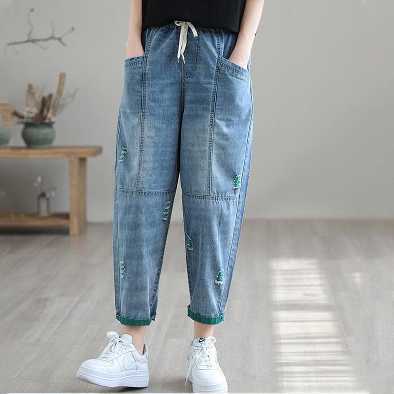 Buddhatrends Green / S 40-45kg / China Ripped Harem High Waist Denim Pant