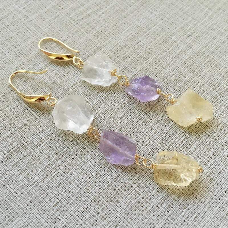 Buddhatrends Healing Crystal Earrings Clear Quartz Amethysts & Citrine Drop Earrings