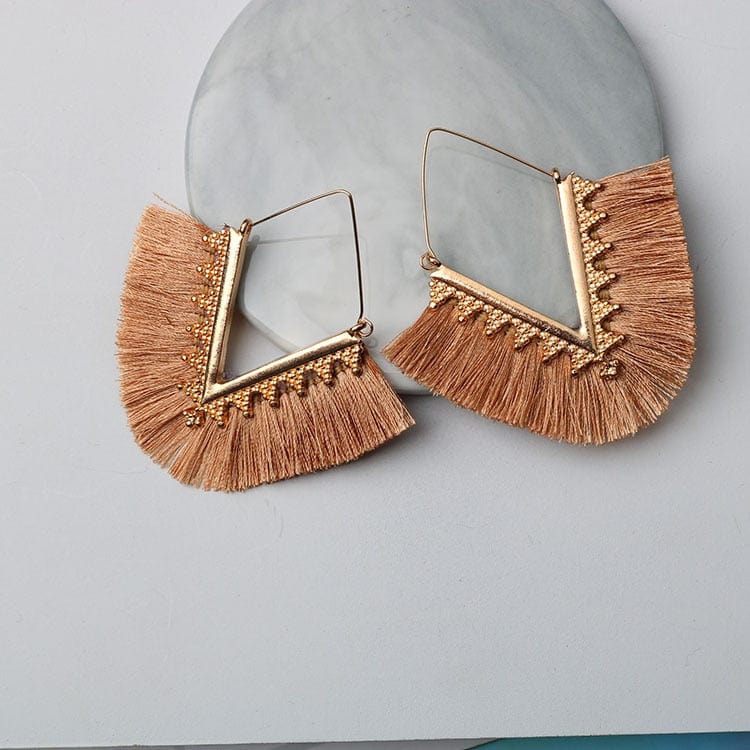 Buddhatrends Khaki Bohemia Long Pendant Tassel Earrings
