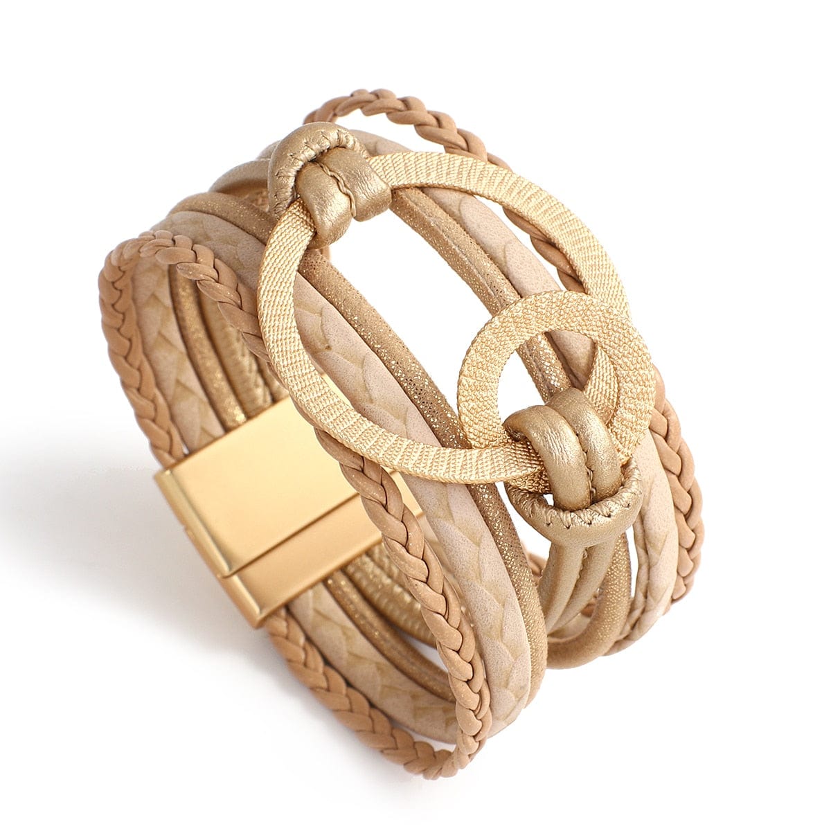 Buddhatrends Khaki Leather Double Circle Charm Magnet Buckle Bracelet