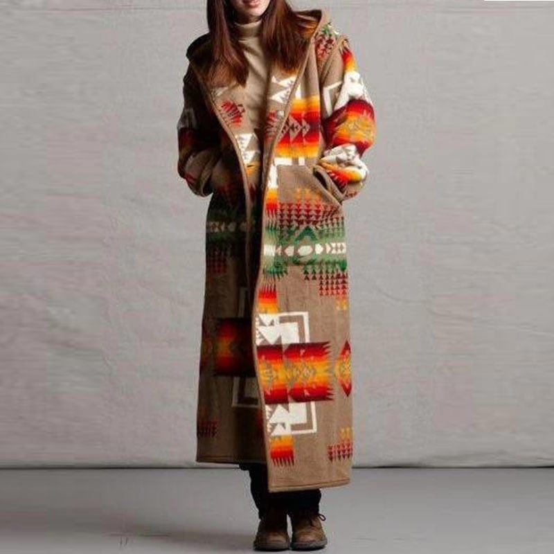 Buddhatrends Khaki / S Boho Printed Hooded Long Coat