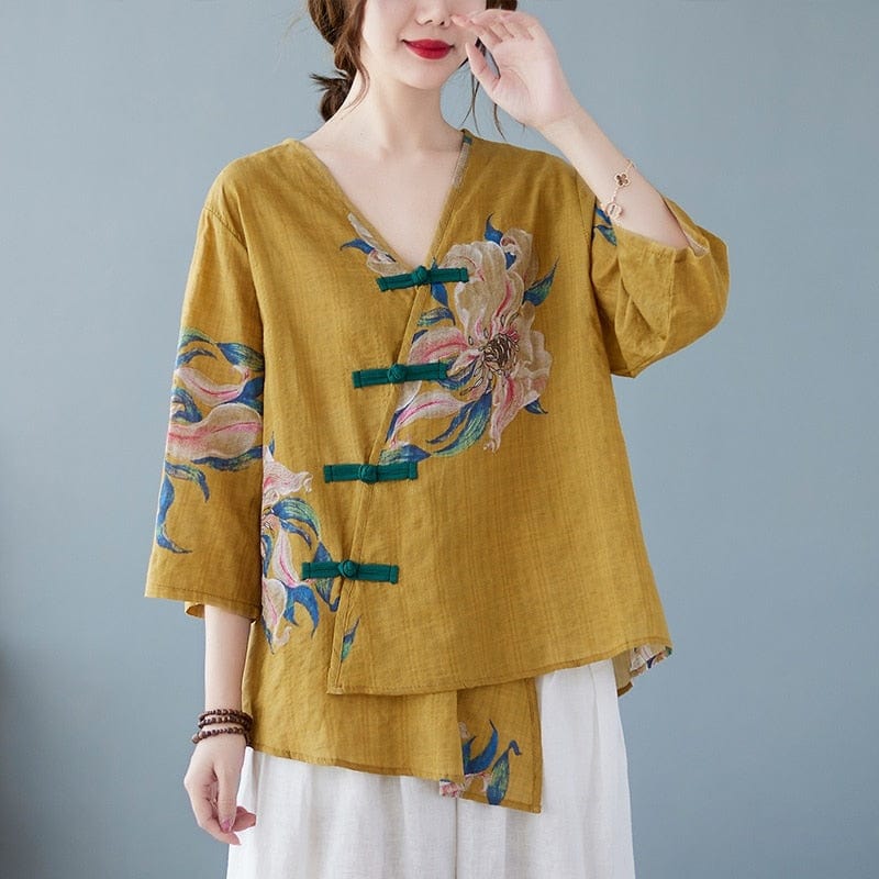 Buddhatrends Kim Floral Linen Oversized Blouse