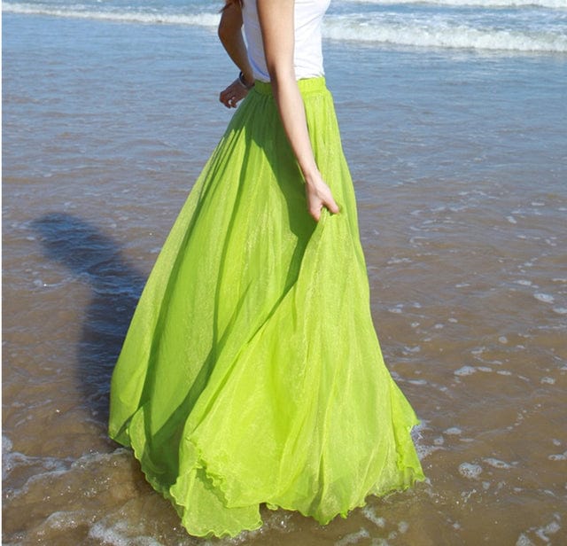 Buddhatrends Lime Green / 95cm length Boho Ruffled Chiffon Skirt