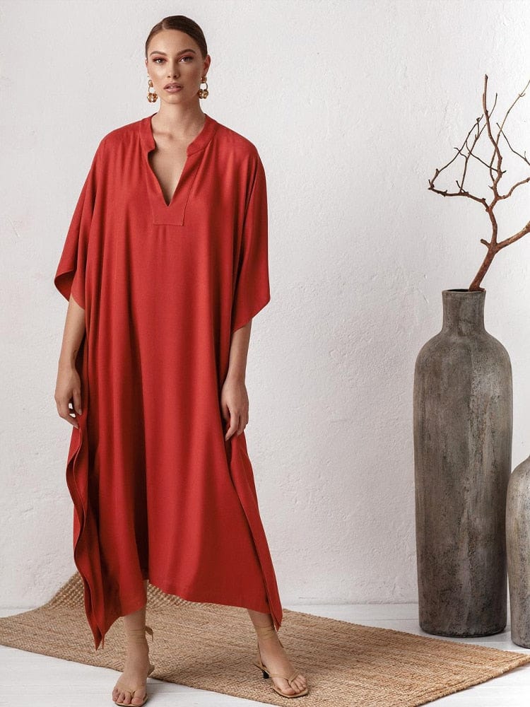 Buddhatrends Long Red V-neck Maxi Dress
