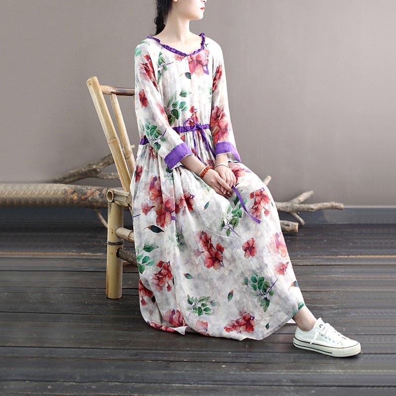 Buddhatrends Loose Ramie Printed Dresses