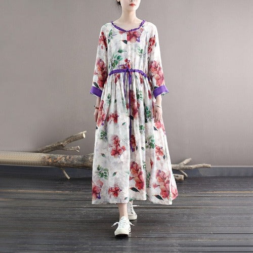Buddhatrends Loose Ramie Printed Dresses