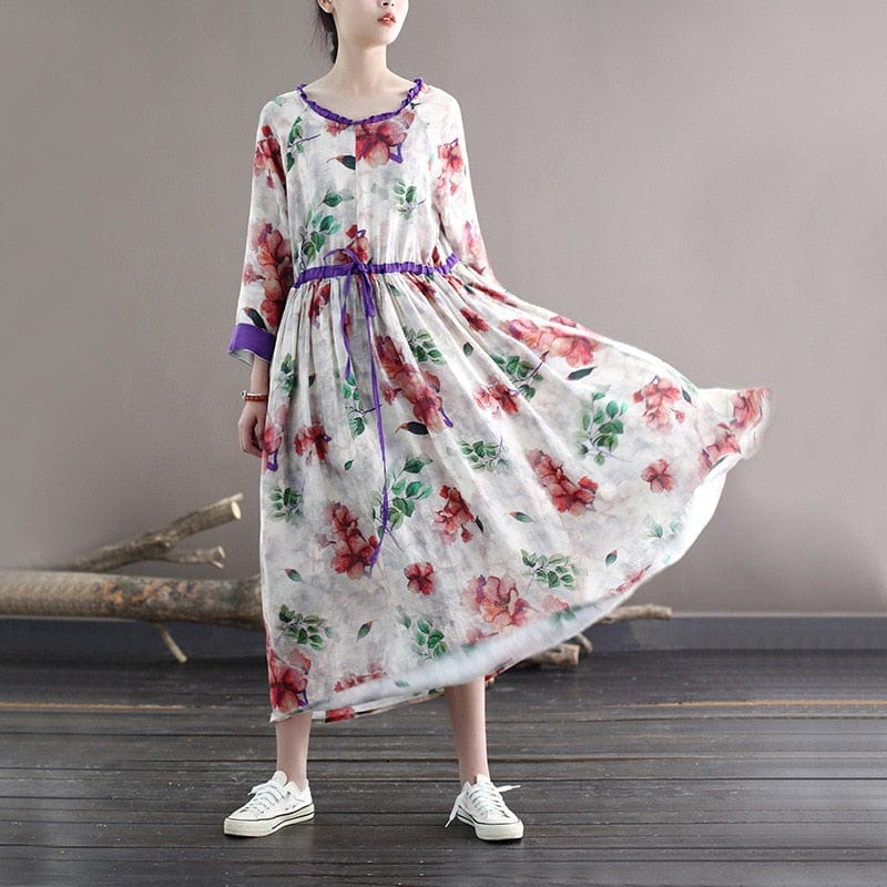 Buddhatrends Loose Ramie Printed Dresses