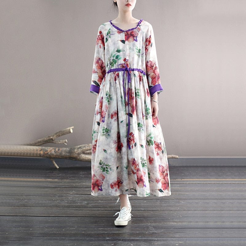 Buddhatrends Loose Ramie Printed Dresses