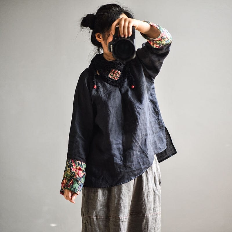 Buddhatrends Loose Retro Patchwork Ramie Blouse