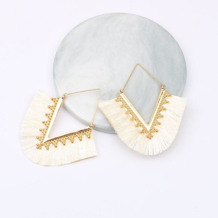 Buddhatrends Milky white Bohemia Long Pendant Tassel Earrings