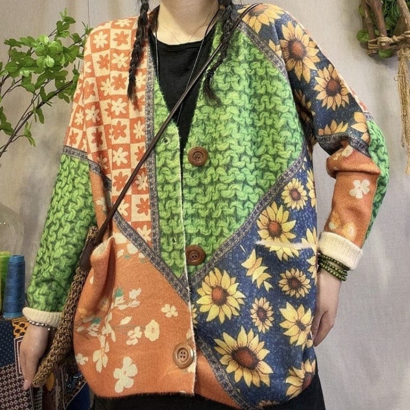 Buddhatrends Multi / Onesize Floral Knitted Loose Cardigan