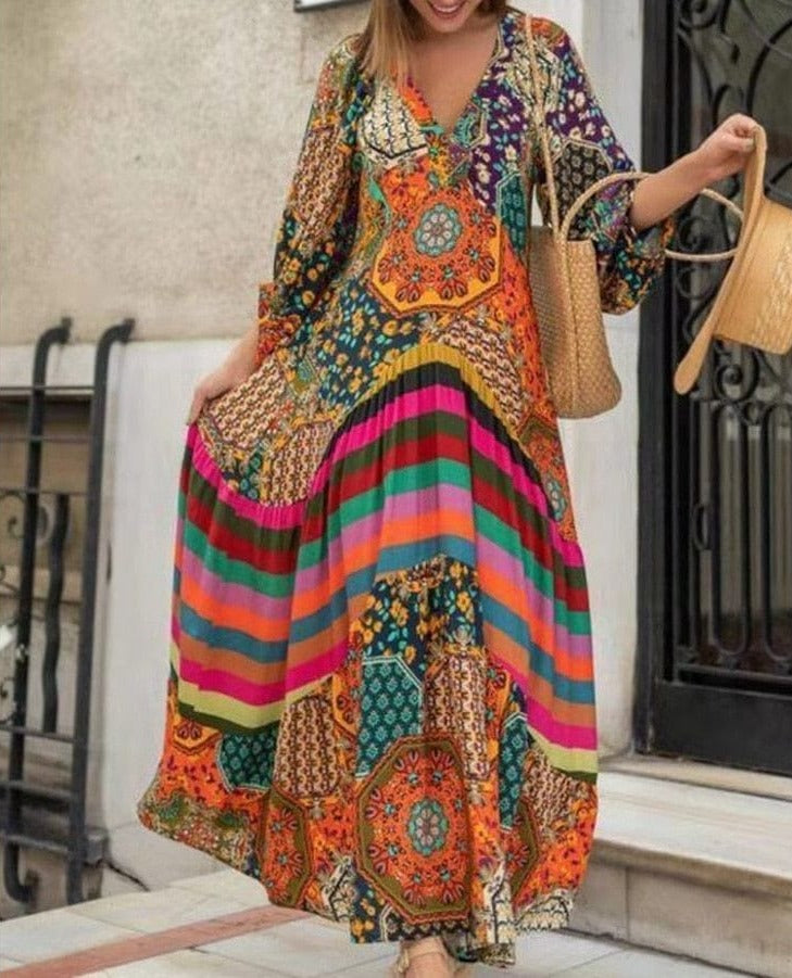 Buddhatrends Multi / S Boho Pleated Flare Sleeve Dress
