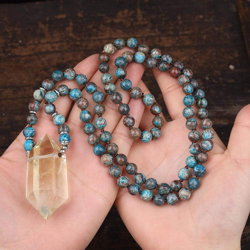 Buddhatrends Necklace 32 inch Double Terminated Yellow Smoky Quartz & Jasper Necklace