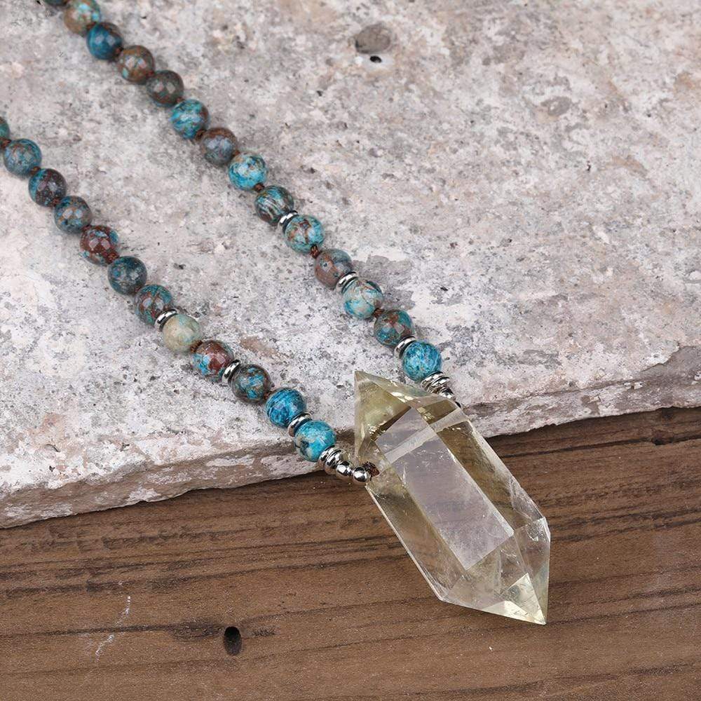 Buddhatrends Necklace Double Terminated Yellow Smoky Quartz & Jasper Necklace