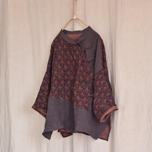 Buddhatrends One Size / Brown Laurel Linen Tops Blouse | Lotus