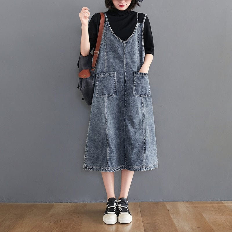 Buddhatrends overall dress Blue / M Luci Solid Denim Overall Dress
