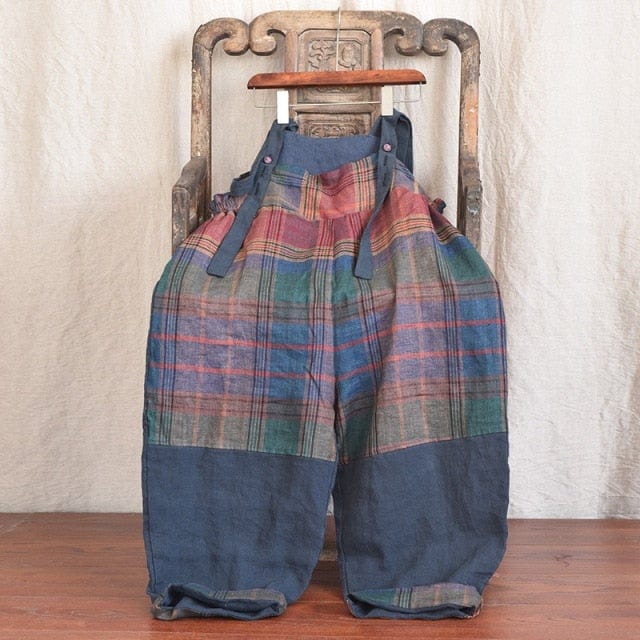 Buddhatrends Overall One Size / Blue Brinley Linen Patchwork Jumpsuits