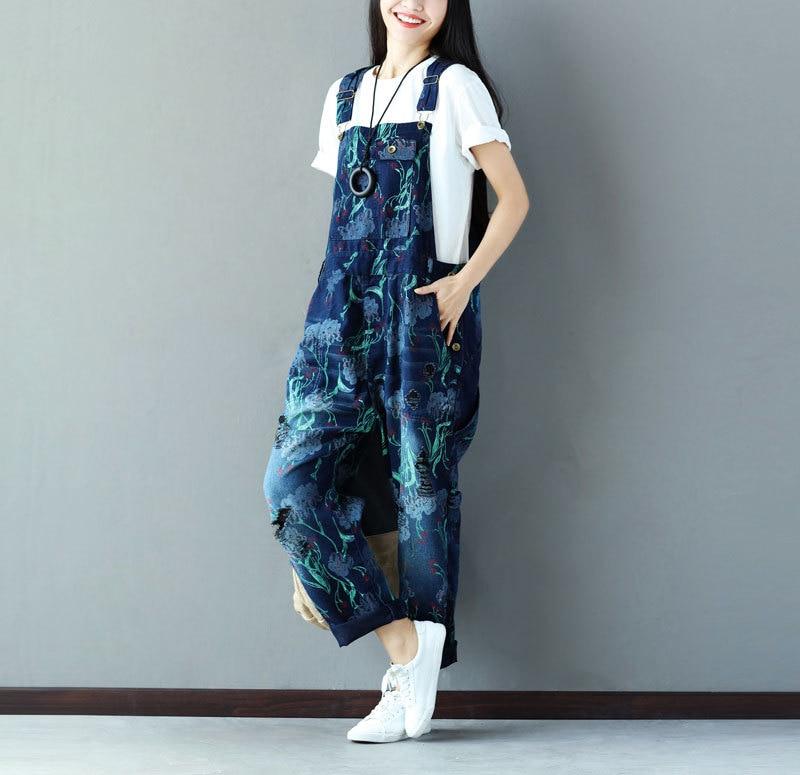 Buddhatrends Overall Printed Loose Denim Rompers