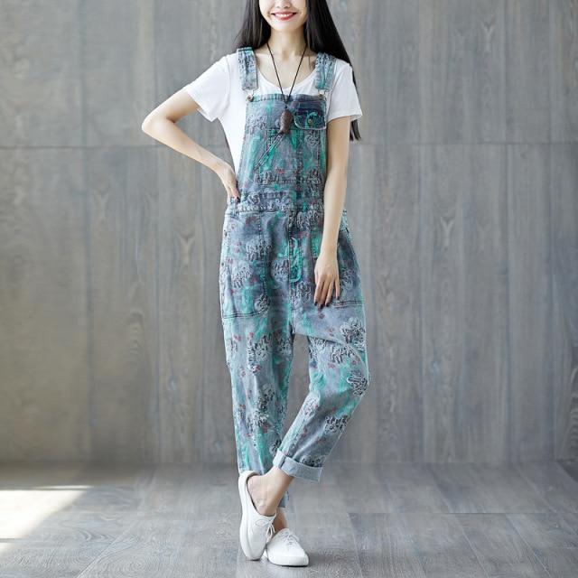 Buddhatrends Overall Sky Blue / One Size Printed Loose Denim Rompers