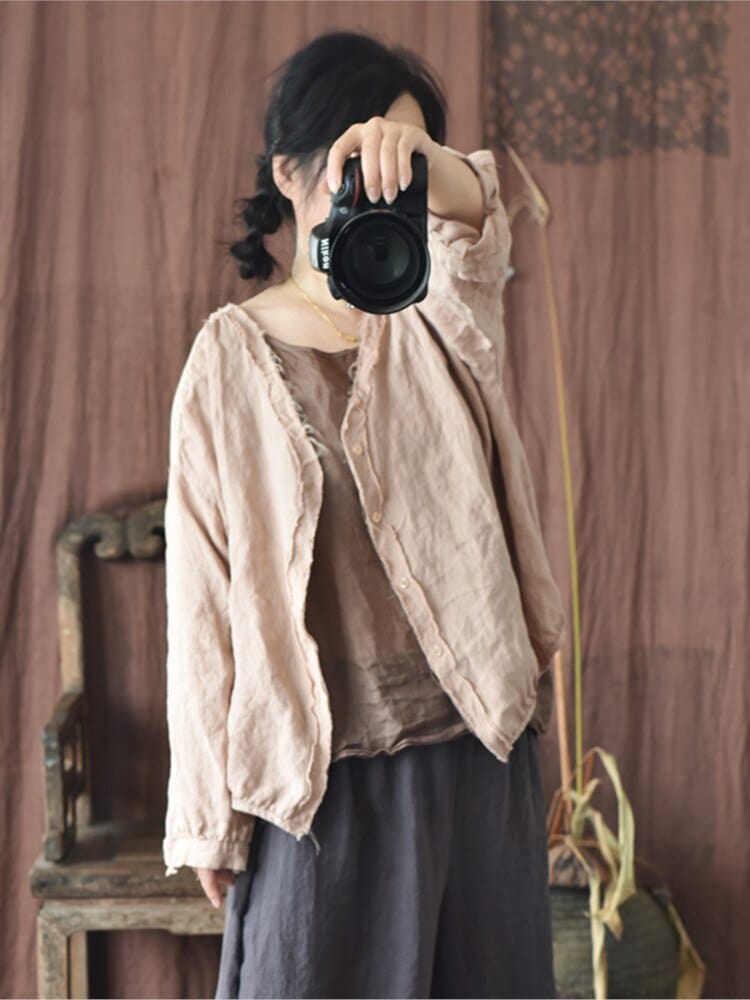 Buddhatrends Pink / One Size Loose Linen Ripped Coat