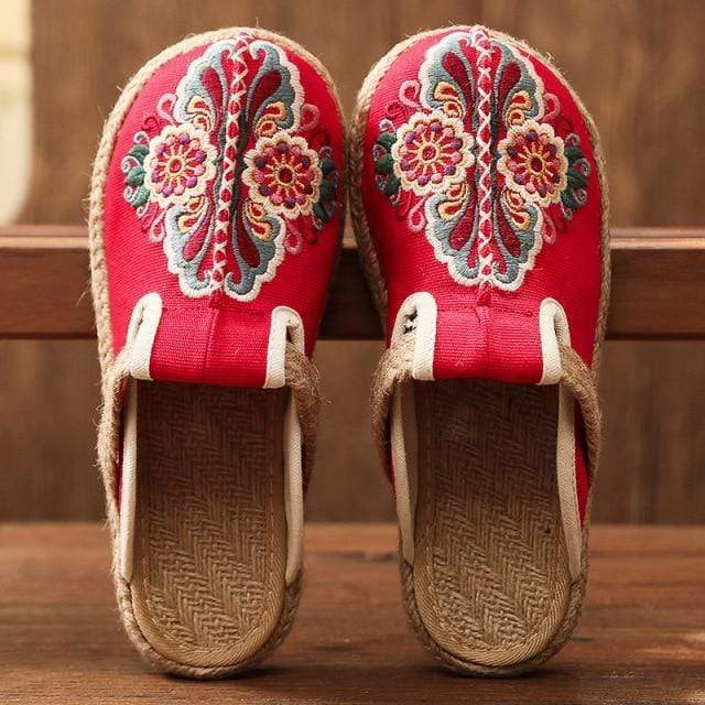 Buddhatrends Red / 11 Asian Embroidery Hemp & Cotton Loafers