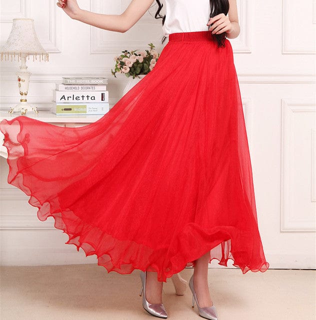 Buddhatrends Red / 85CM Length Boho Ruffled Chiffon Skirt