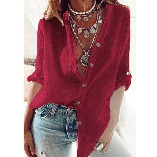 Buddhatrends Red / EU S Button Up Oversized Cotton Linen Shirt