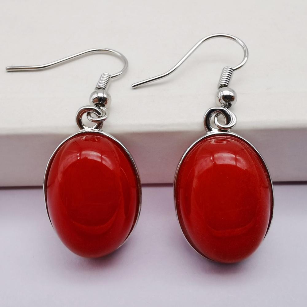 Buddhatrends Red Jade Natural Stone Oval Earrings