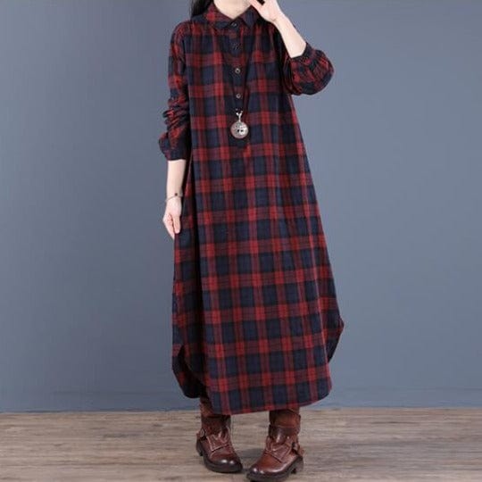 Buddhatrends Red / M Vintage Loose Cotton Plaid Dress