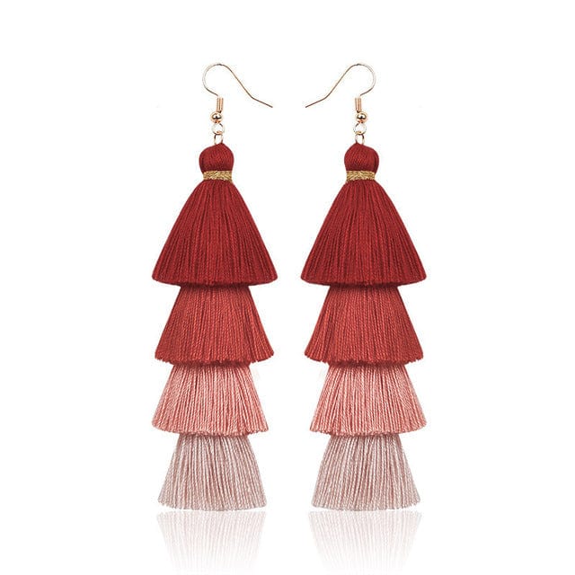 Buddhatrends Red Multilayer Bohemian Tassel Earrings