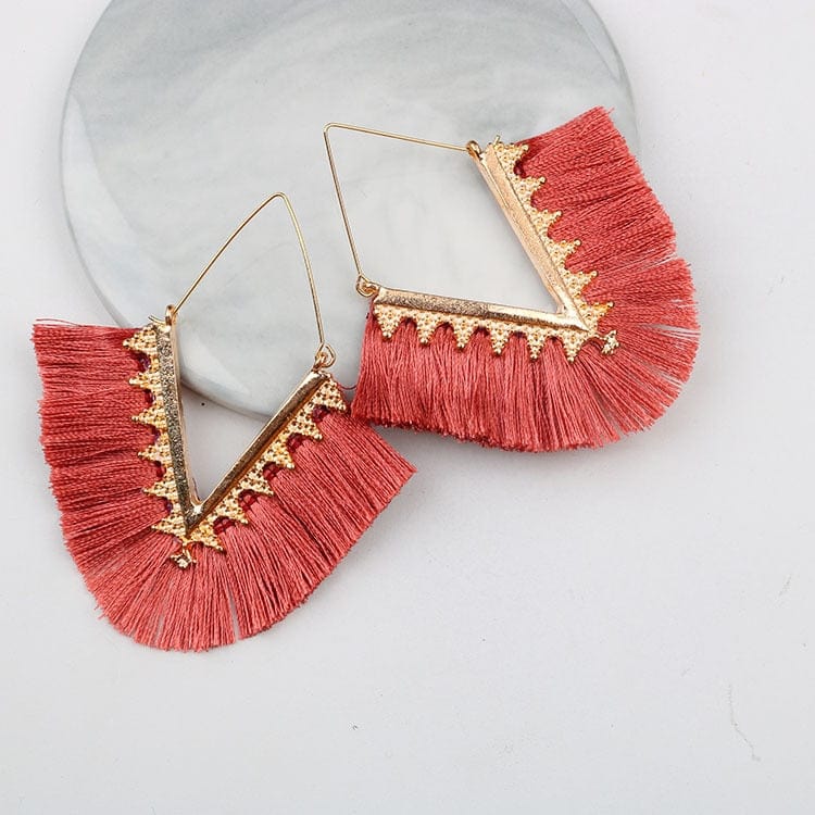 Buddhatrends Rust Red Bohemia Long Pendant Tassel Earrings