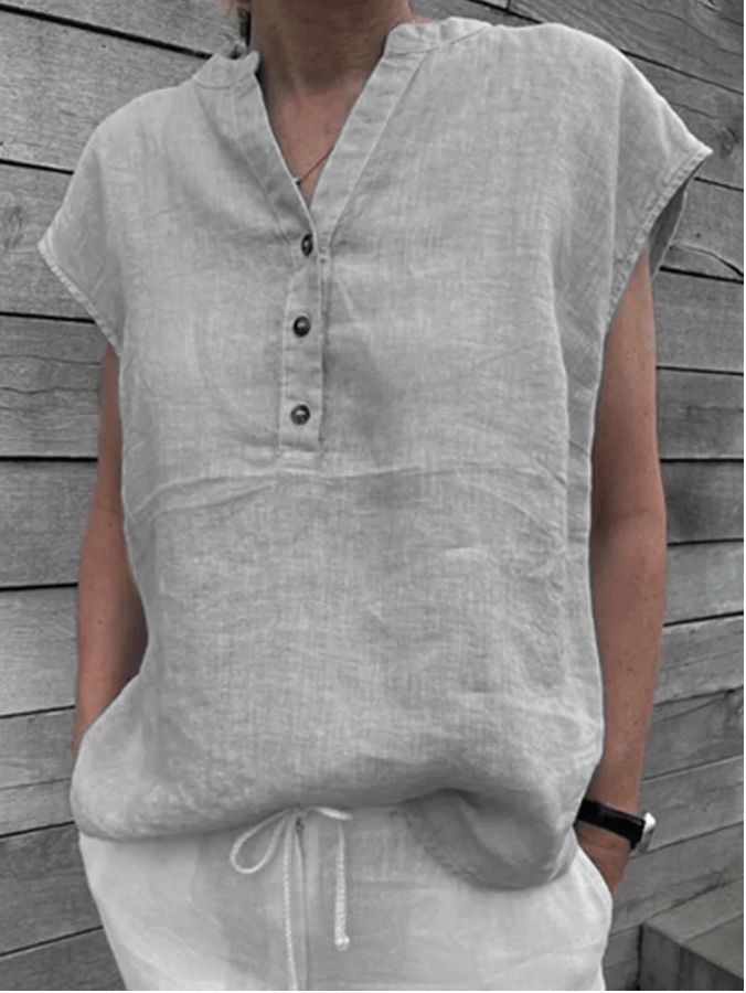 Buddhatrends Shirt Short-Sleeve Linen V Neck Oversized Blouse