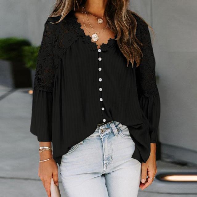 Buddhatrends shirts S / Black Boho Chic V Neck Floral Lace Blouse