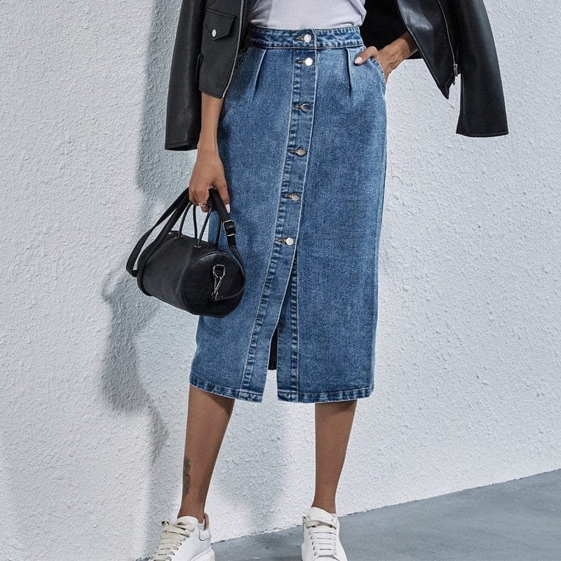 Buddhatrends Skirts Button Front High Waist Denim Skirt