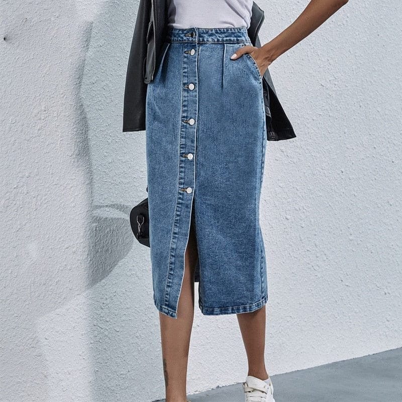 Buddhatrends Skirts Button Front High Waist Denim Skirt