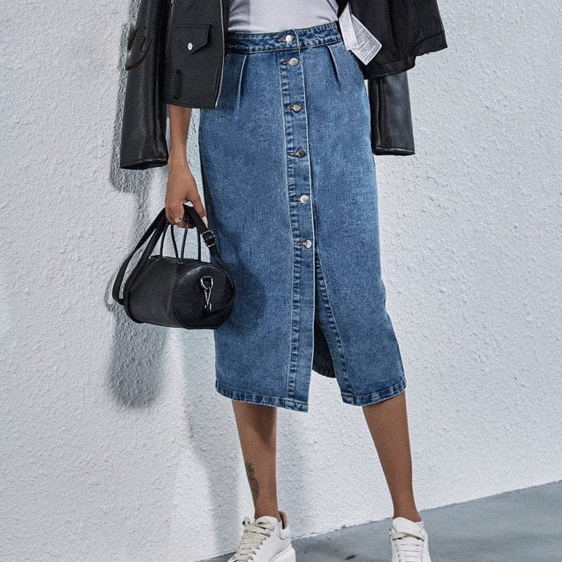 Buddhatrends Skirts Button Front High Waist Denim Skirt