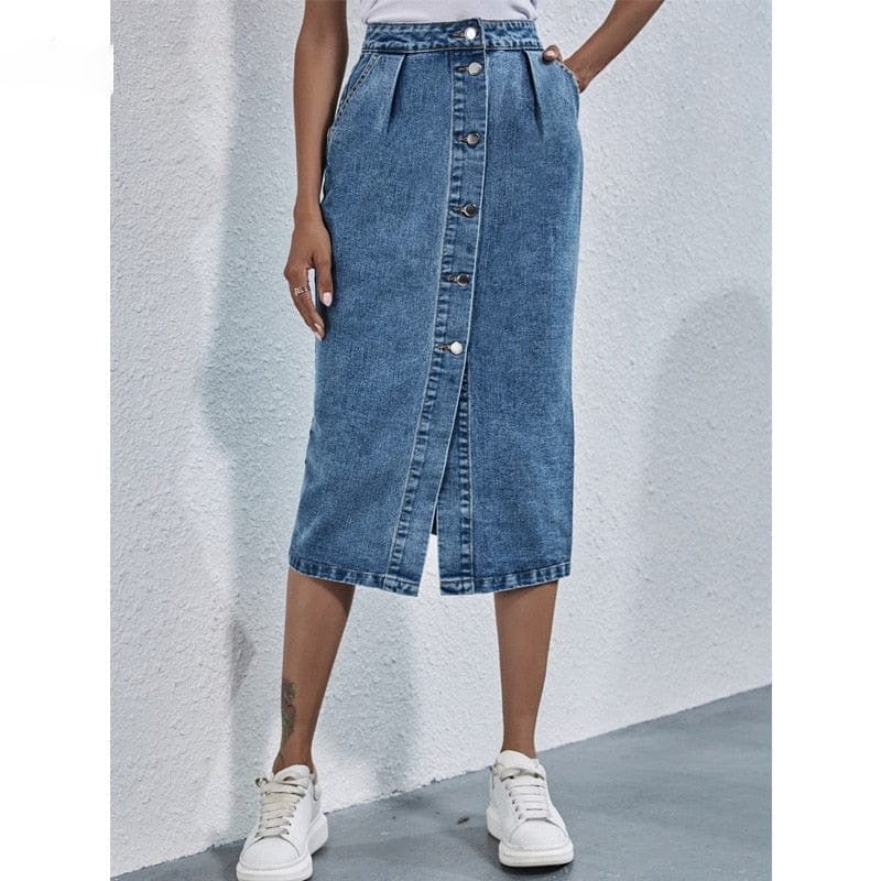 Buddhatrends Skirts Button Front High Waist Denim Skirt