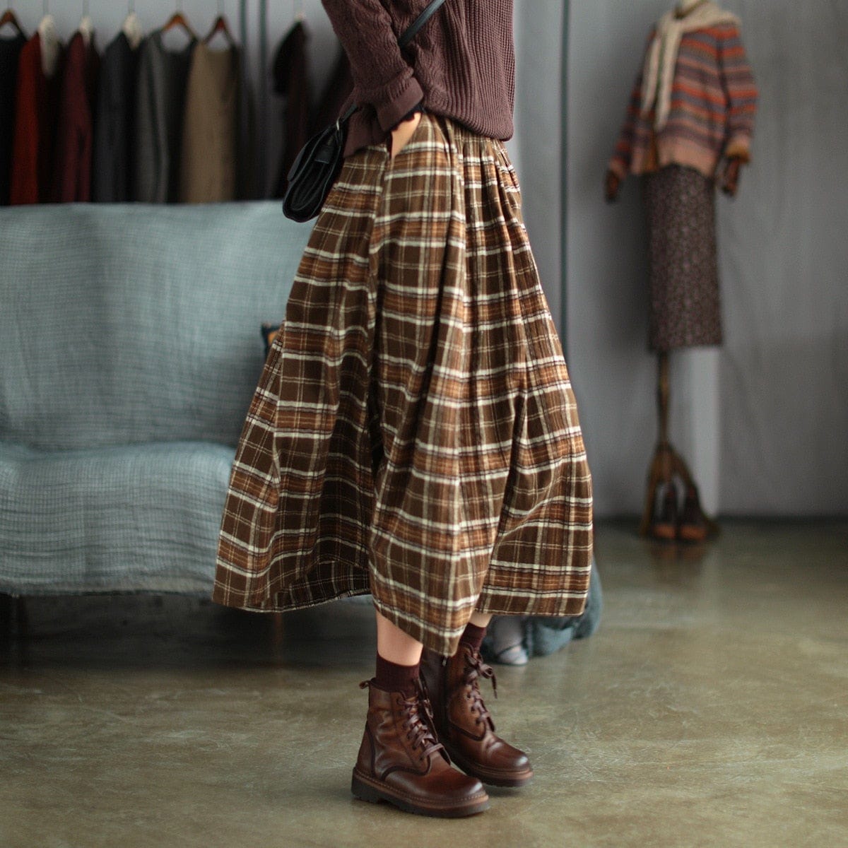 Buddhatrends Skirts Women Skirt Autumn Winter Retro Loose All-match Tops Ladies New Elastic Waist pocket Plaid Casual Skirt