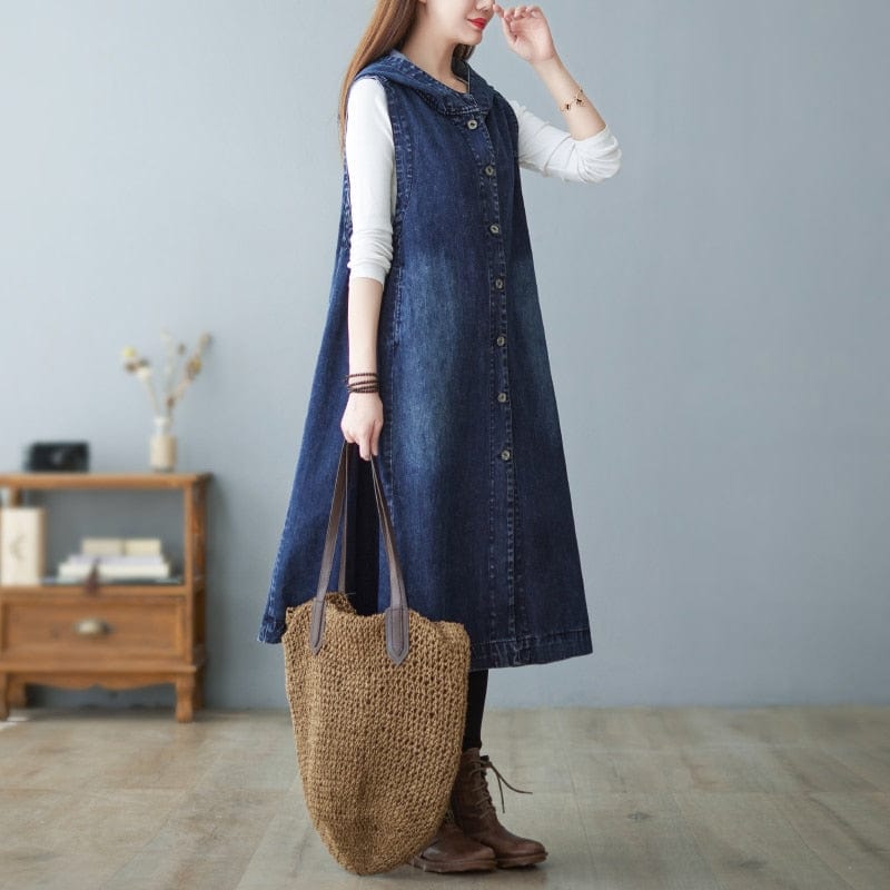 Buddhatrends Sleeveless Hooded Denim Vest Coat