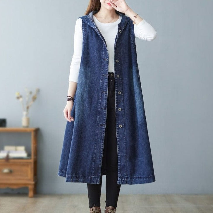 Buddhatrends Sleeveless Hooded Denim Vest Coat