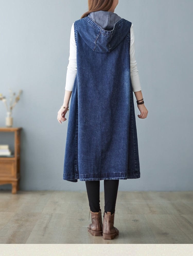 Buddhatrends Sleeveless Hooded Denim Vest Coat