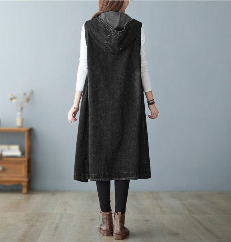 Buddhatrends Sleeveless Hooded Denim Vest Coat