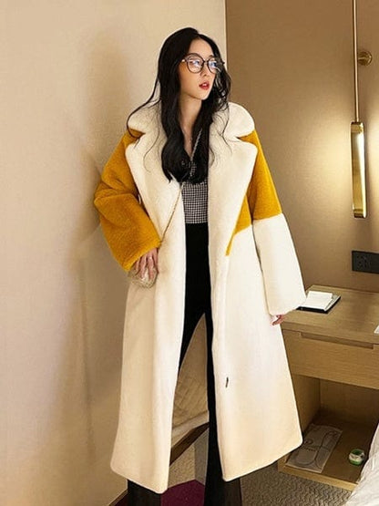 Buddhatrends Splicing Contrast Color Long Fluffy Coat