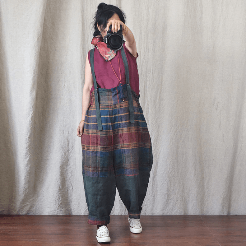 Buddhatrends Suspender Pants Patchwork Linen Suspenders Pants