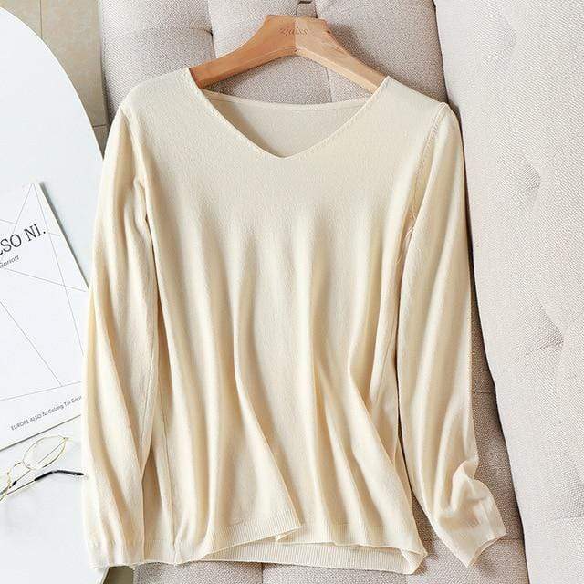 Buddhatrends sweater One Size / Beige Basic Long Sleeve V-Neck Shirt