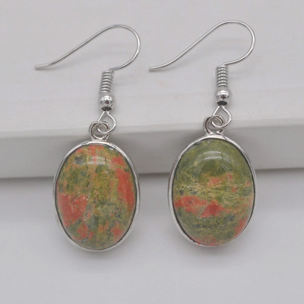 Buddhatrends Unakite Epidote Natural Stone Oval Earrings