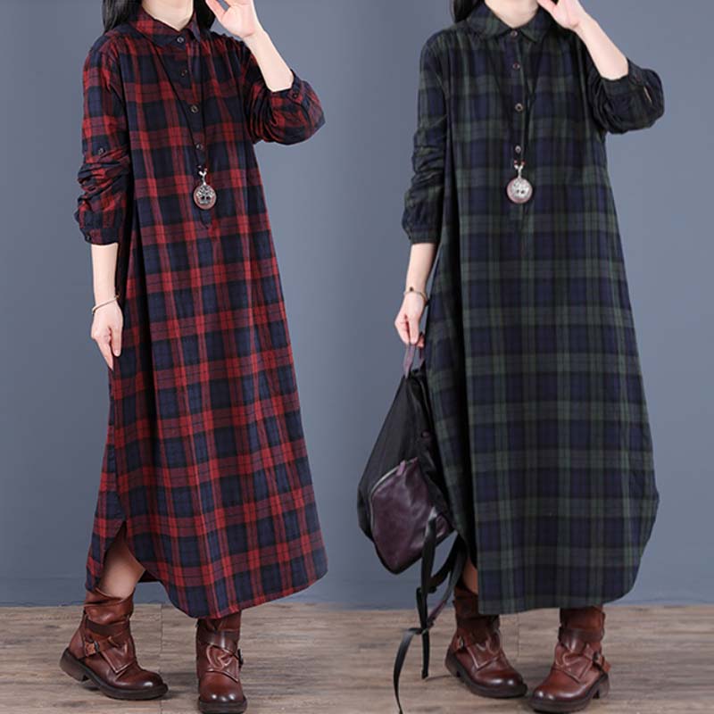 Buddhatrends Vintage Loose Cotton Plaid Dress